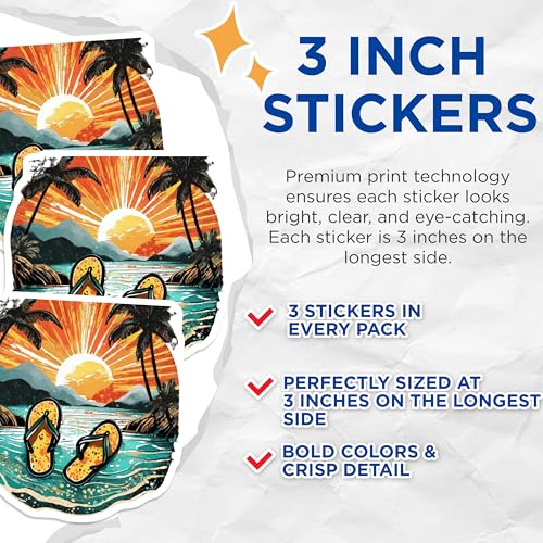(3 Pack) Beach Scene Decals - Sunset Palms - Flip Flop Art - 3 Inches On Longest Side - Easy Peel & Apply - Made in USA - 3MCS8080
