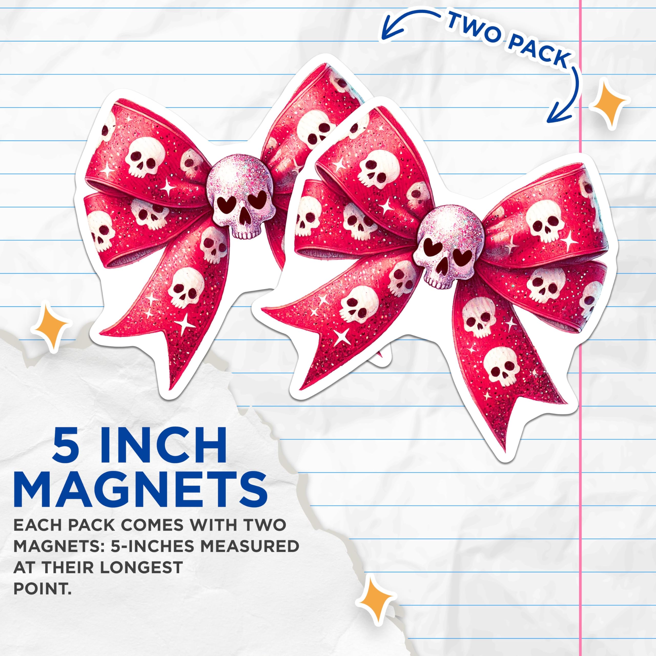 (2 Pack) Skull Bow Magnets - Pink Skull Decor Magnets - Glittery Skull Bow Fridge Magnets - 5" On Longest Side - for Cars, Refrigerators, Toolboxes, Lockers - Made in USA MAG3564
