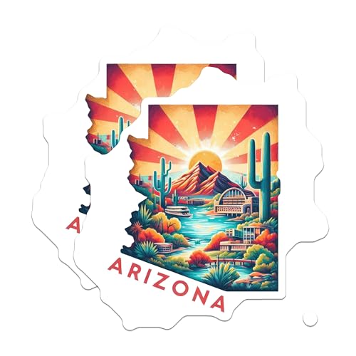 (2 Pack) Arizona State Stickers - Colorful Arizona Landscape Decals - Arizona Travel Souvenir Stickers - 5" On Longest Side - Sticks to Smooth Flat Surfaces - Made in USA - BMCS4759