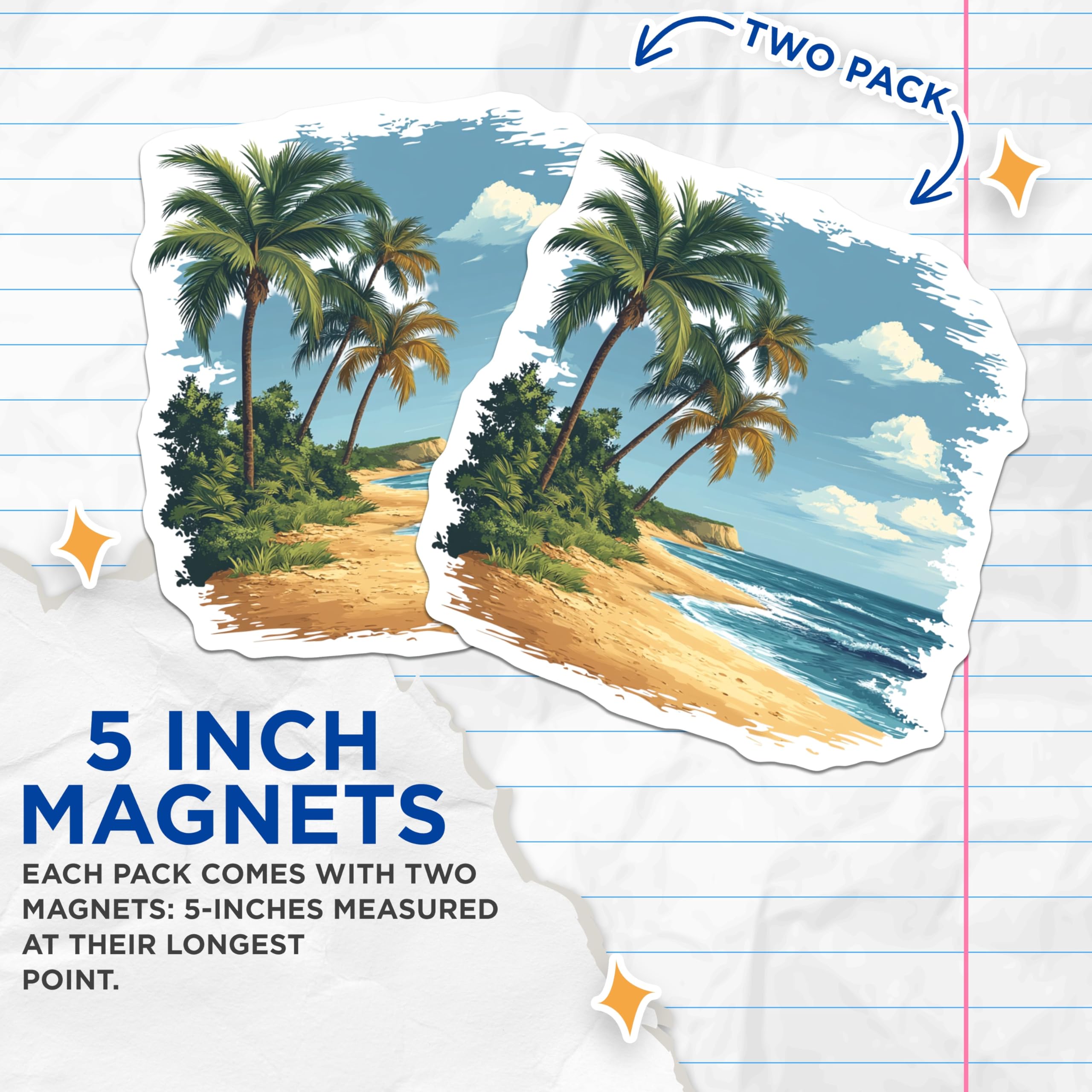 (2 Pack) Tropical Beach Magnets - Palm Tree Ocean Art - Coastal Refrigerator Decor - Summer Vacation - 5 Inches On Longest Side - Thick Durable Magnet - Made in USA - MAG30498