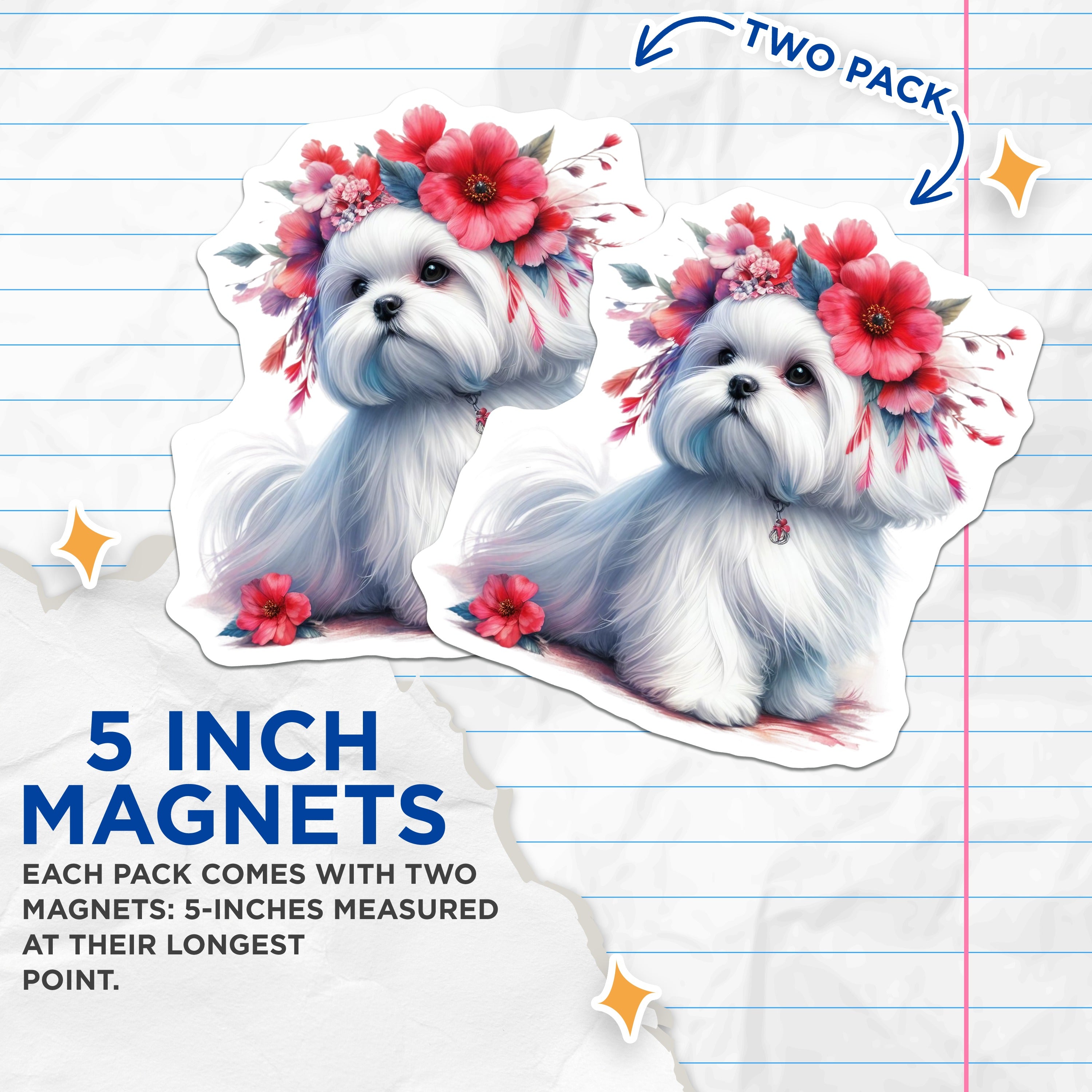 (2 Pack) Maltese Dog Magnets - Flower Crown Pet Lover - Refrigerator Locker Decor - 5 Inches On Longest Side - Thick Durable Magnet - Made in USA - MAG38608