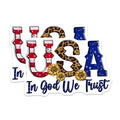 (2 Pack) USA in God We Trust Stickers - Patriotic Sunflower Leopard Print - American Flag - 5" On Longest Side - Sticks to Smooth Flat Surfaces - Made in USA - BMCS7881