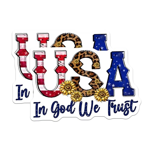 (2 Pack) USA in God We Trust Stickers - Patriotic Sunflower Leopard Print - American Flag - 5" On Longest Side - Sticks to Smooth Flat Surfaces - Made in USA - BMCS7881