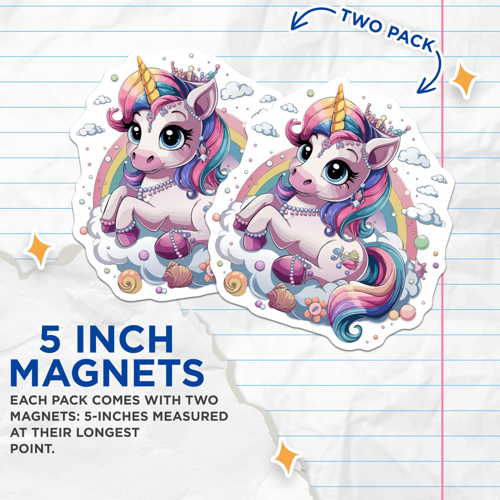 (2 Pack) Unicorn Magnets - Adorable Rainbow Fantasy Creature Decor - Magical Dreamy Locker Kitchen Accessories - 5 Inches On Longest Side - Thick Durable Magnet - Made in USA - MAG20209
