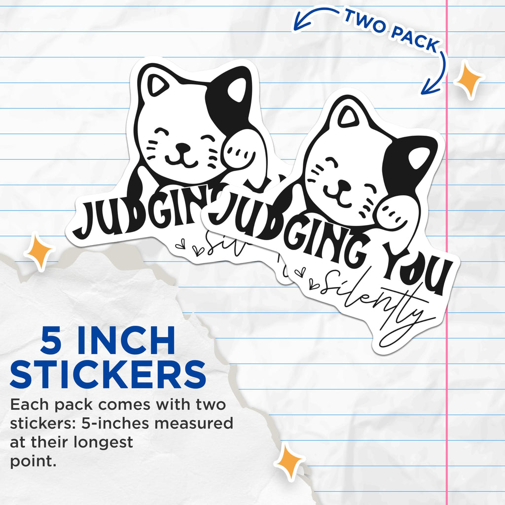 (2 Pack) Judging You Silently Stickers - Cute Cat Stickers - Funny Cat Meme Stickers - 5" On Longest Side - Sticks to Smooth Flat Surfaces - Made in USA - BMCS5117