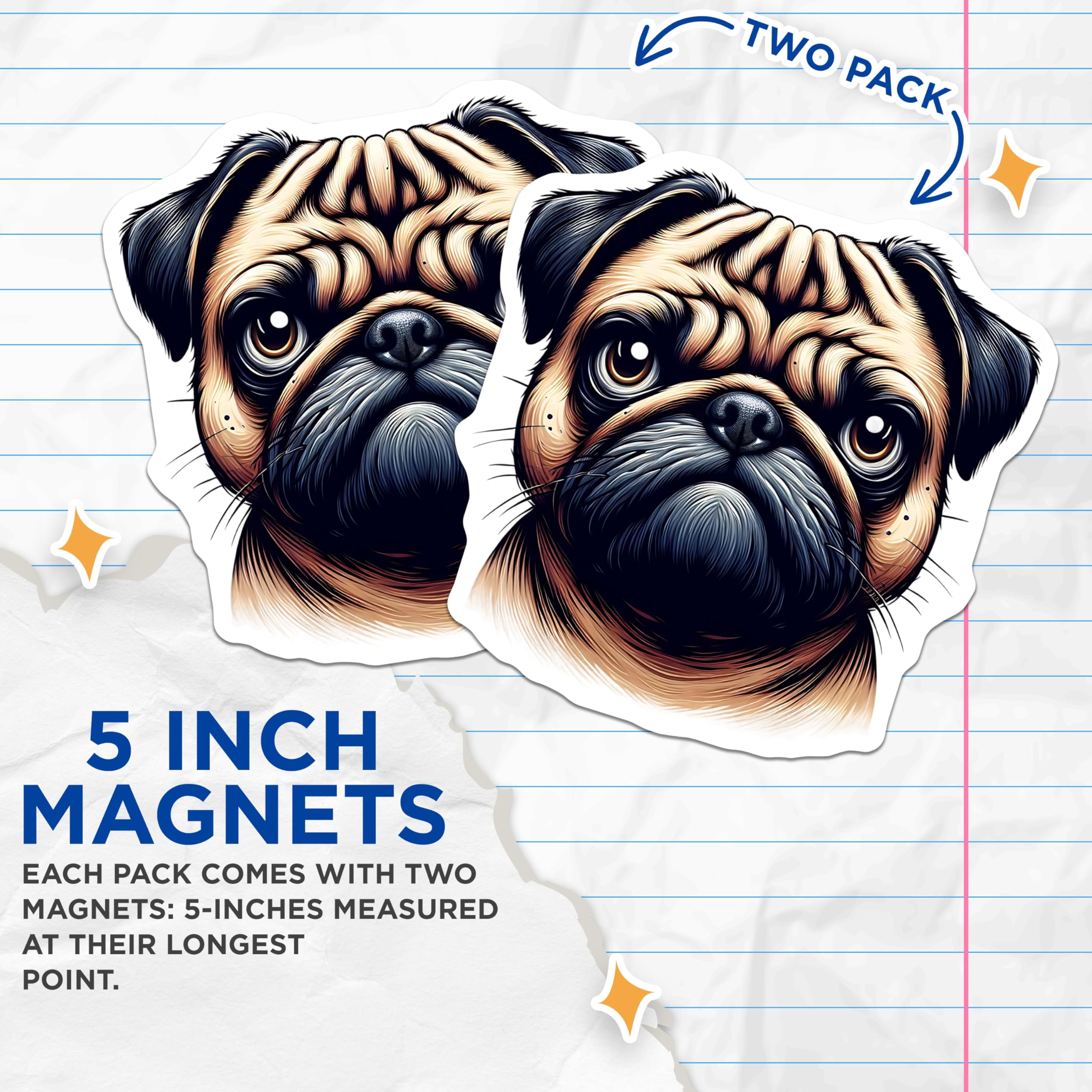 (2 Pack) Pug Magnets - Dog Breed Home Decor - Refrigerator Magnets - Cute Pug Lovers - 5" On Longest Side - Premium Magnet - for Cars, Refrigerators, Toolboxes, Lockers - Made in USA - MAG15796