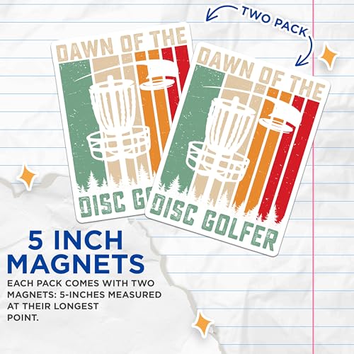 (2 Pack) Dawn of The Disc Golfer Magnets - Disc Golf Enthusiast - Retro Golfing Art - Sports Lovers Magnet - 5" On Longest Side - for Cars, Fridges, Toolboxes - Made in USA - MAG4248