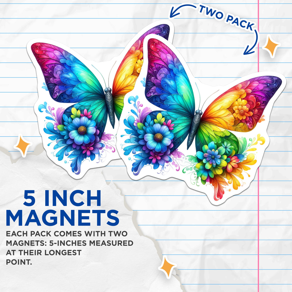(2 Pack) Rainbow Butterfly Magnets - Vibrant Floral Wing Art - Whimsical Nature Decor - 5 Inches On Longest Side - Thick Durable Magnet - Made in USA - MAG36557