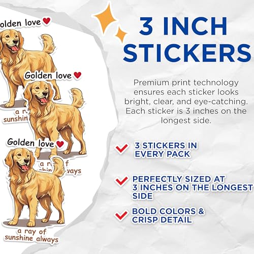 (3 Pack) Golden Retriever Decals - Dog Lover Sticker - Laptop Decal - 3 Inches On Longest Side - Easy Peel & Apply - Made in USA - 3MCS1246