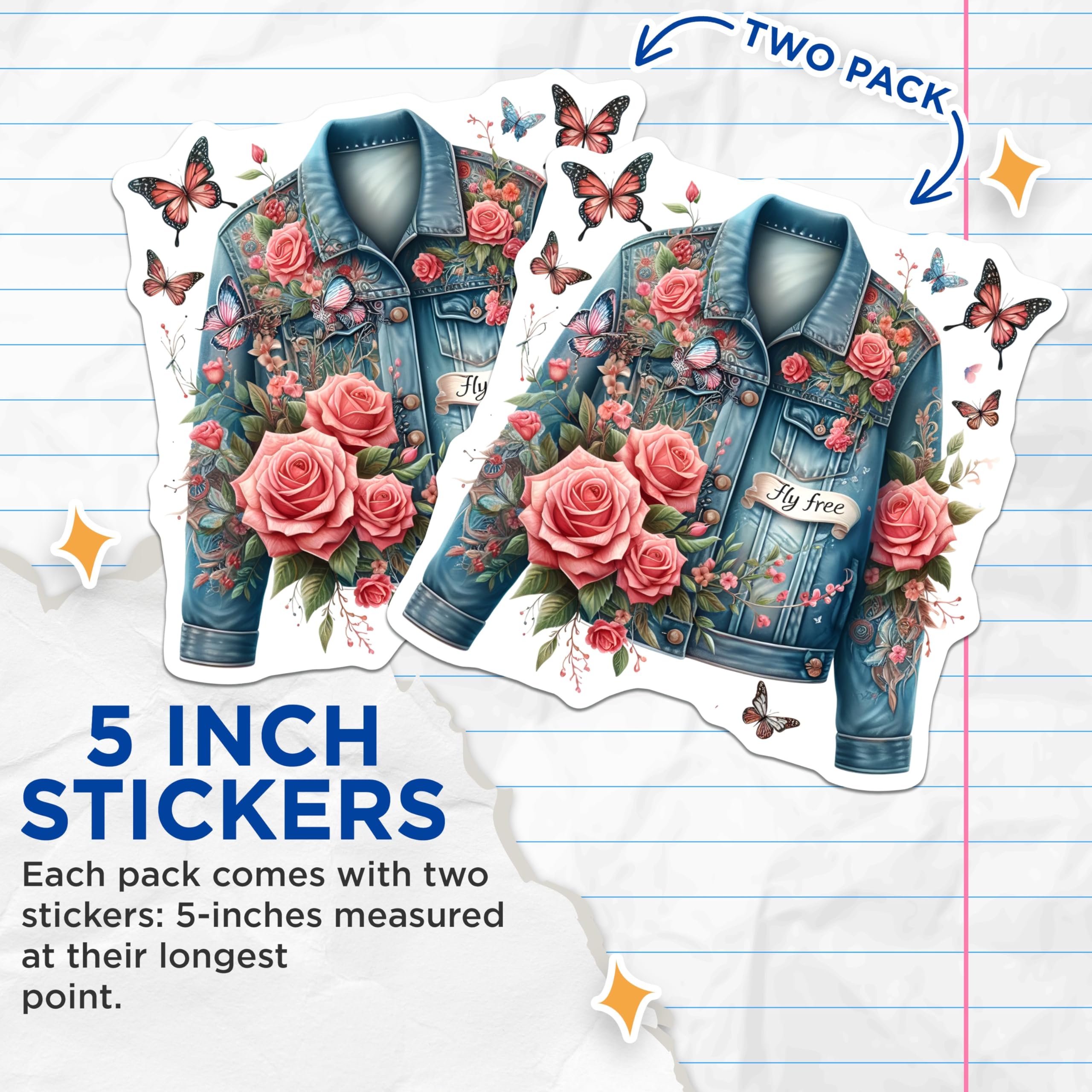 (2 Pack) Fly Free Stickers - Denim Jacket Decoration - 5" On Longest Side - Sticks to Smooth Flat Surfaces - Made in USA - BMCS8839 - BMCS8839