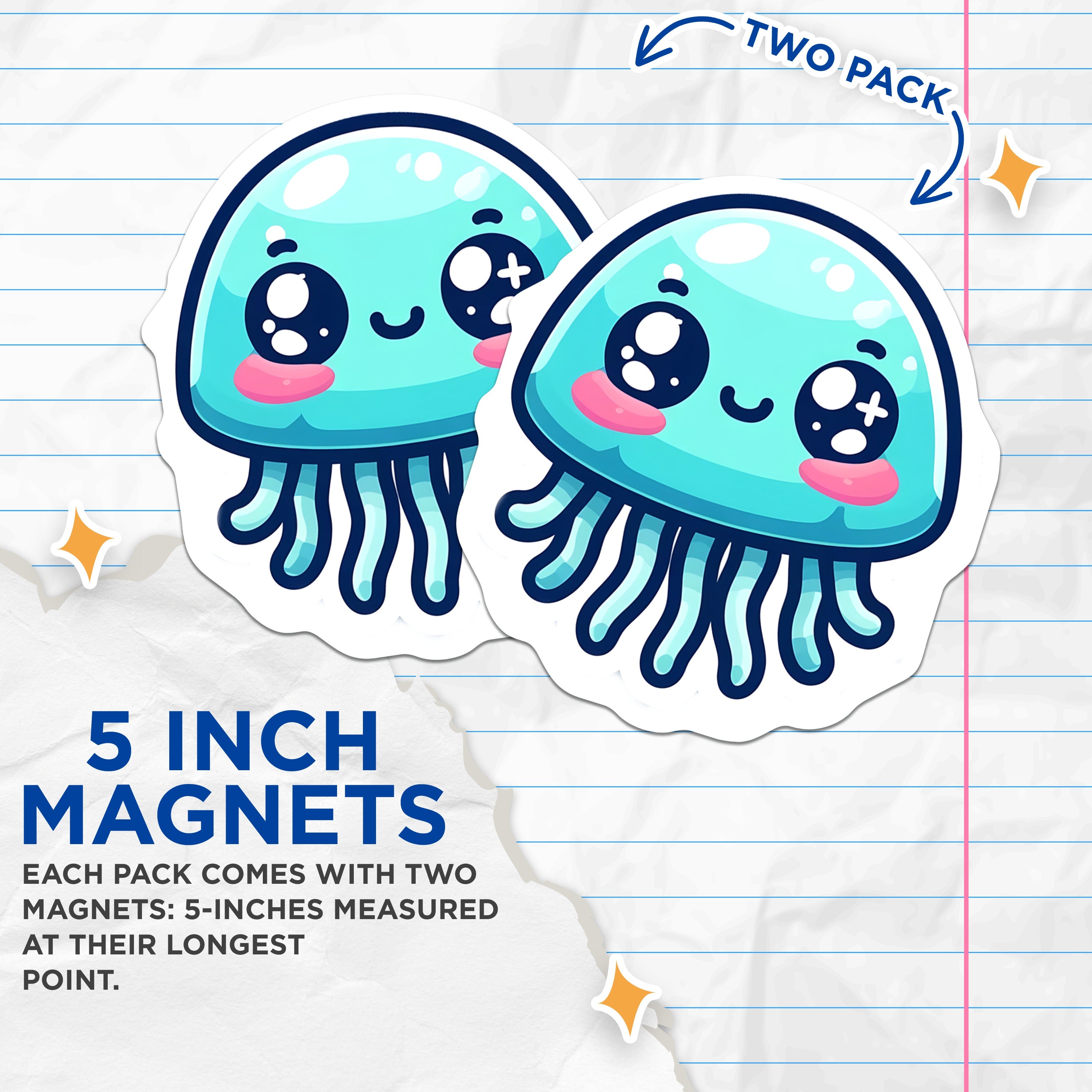 (2 Pack) Kawaii Jellyfish Magnets - Cute Ocean Creature Fridge Locker Decor - Aesthetic Sea Animal Art - 5 Inches On Longest Side - Thick Durable Magnet - Made in USA - MAG37908
