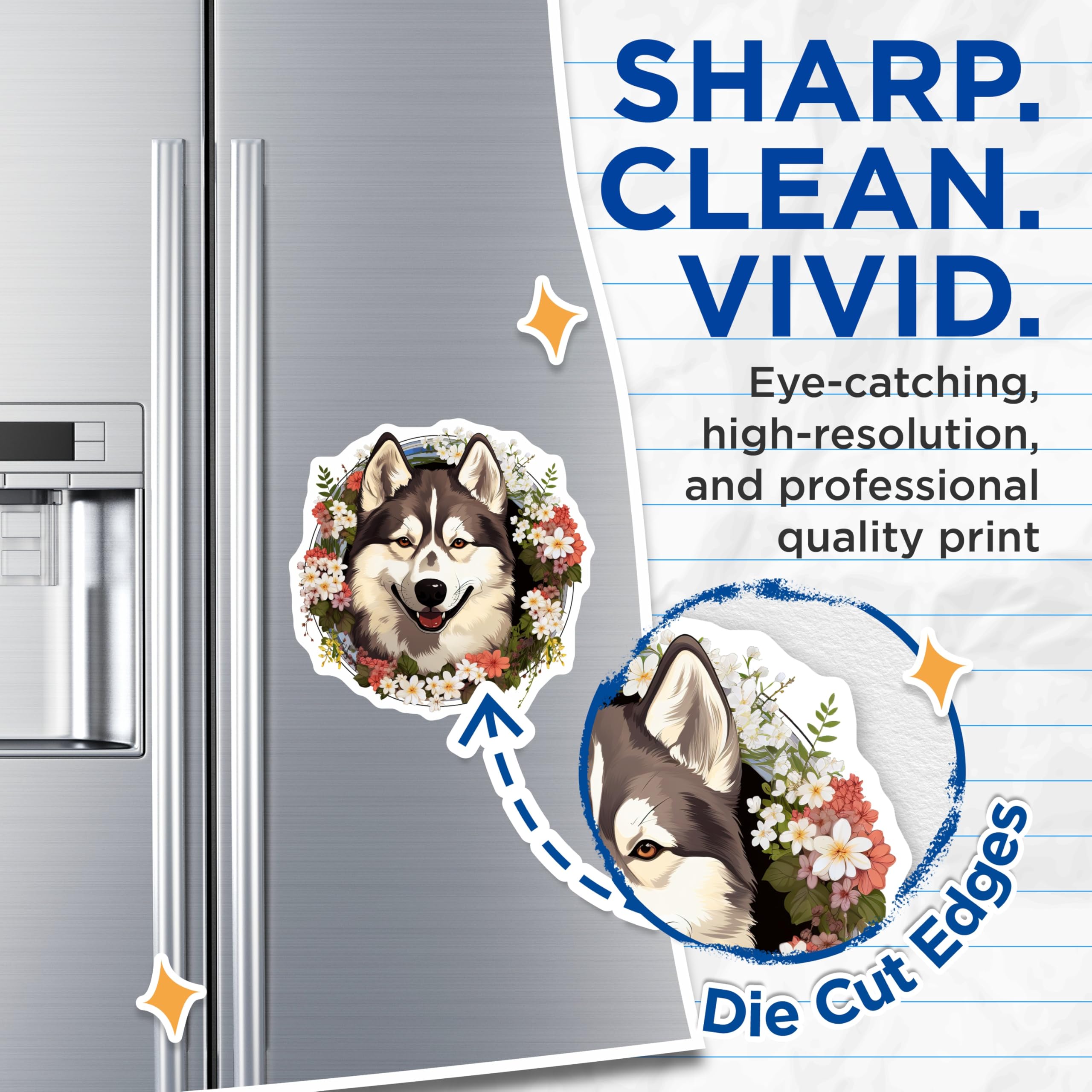 (2 Pack) Smiling Husky Dog Magnets - Floral Pet Lover Decor - Cute Animal Themed Kitchen Accessory - 5 Inches On Longest Side - Thick Durable Magnet - Made in USA - MAG26164