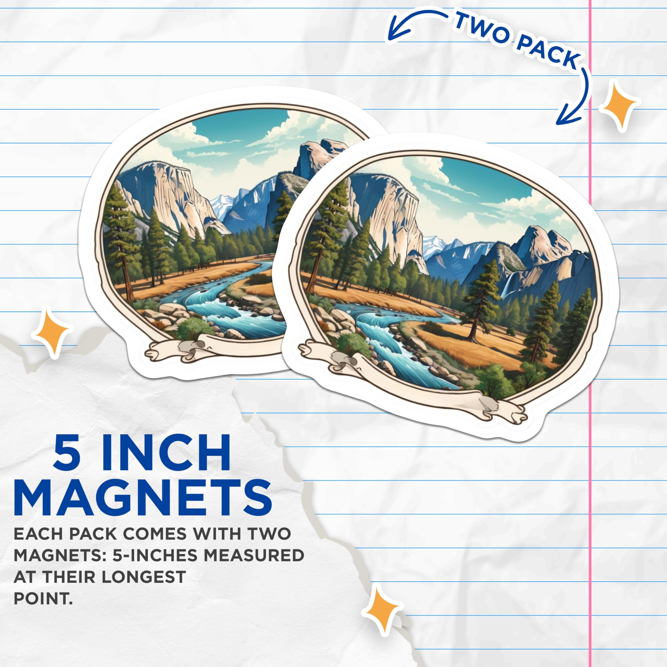 (2 Pack) Yosemite Valley Landscape Magnets - Majestic National Park Scenery Art - Wild River Mountain View Adventure Decor - 5 Inches On Longest Side - Thick Durable Magnet - Made in USA - MAG21965