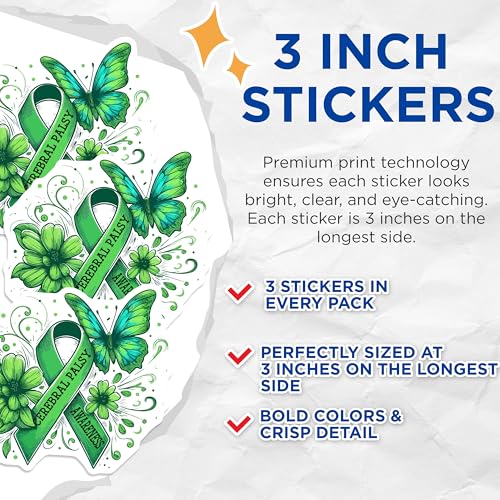 (3 Pack) Cerebral Palsy Awareness Decals - Green Ribbon Butterfly - Laptop Decal - 3 Inches On Longest Side - Easy Peel & Apply - Made in USA - 3MCS4769