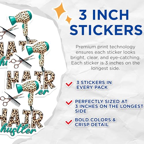 (3 Pack) Hair Hustler Decals - Leopard Print Hairdresser - Salon Decor Stickers - 3 Inches On Longest Side - Easy Peel & Apply - Made in USA - 3MCS6337