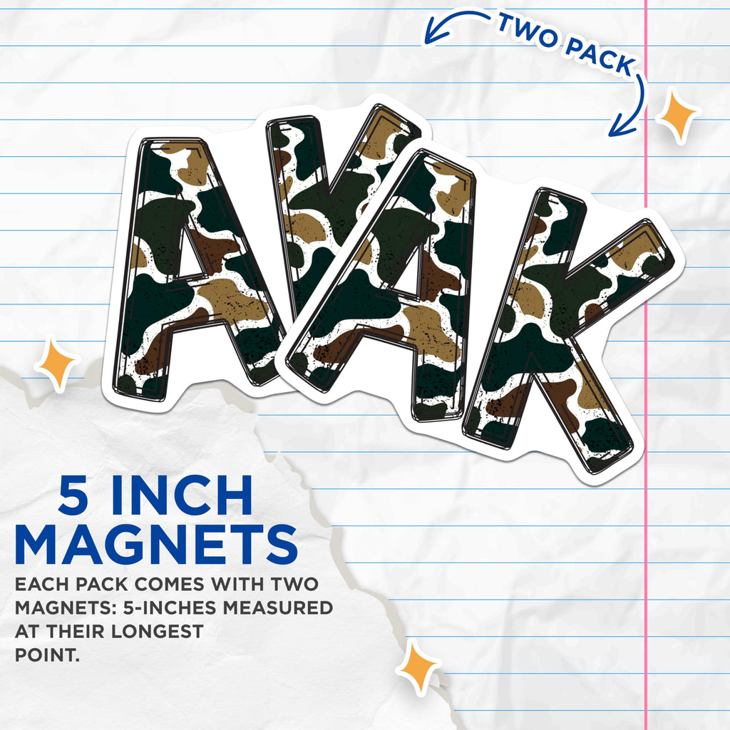 (2 Pack) AK Camouflage Letters Magnets - Military Style Decor - Grunge Aesthetic Display - 5 Inches On Longest Side - Thick Durable Magnet - Made in USA - MAG21437