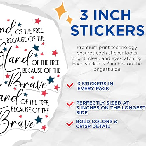 (3 Pack) Patriotic Quote Decals - Land of Free - Brave America Laptop Decal - 3 Inches On Longest Side - Easy Peel & Apply - Made in USA - 3MCS7128
