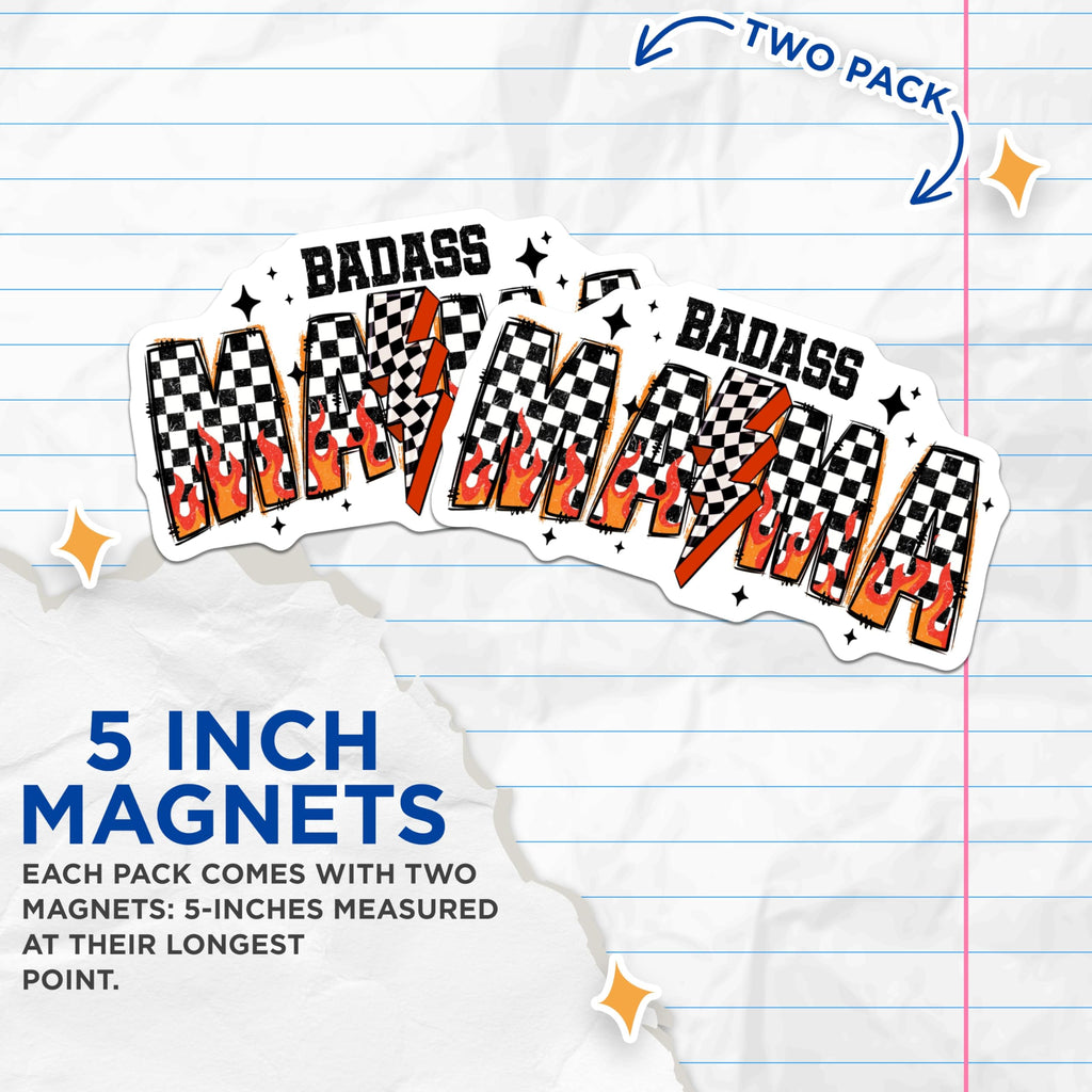 (2 Pack) Badass Mamma Magnets - Edgy Mom Refrigerator Decor - Checkerboard Flames Lightning Bolt - 5 Inches On Longest Side - Thick Durable Magnet - Made in USA - MAG25574