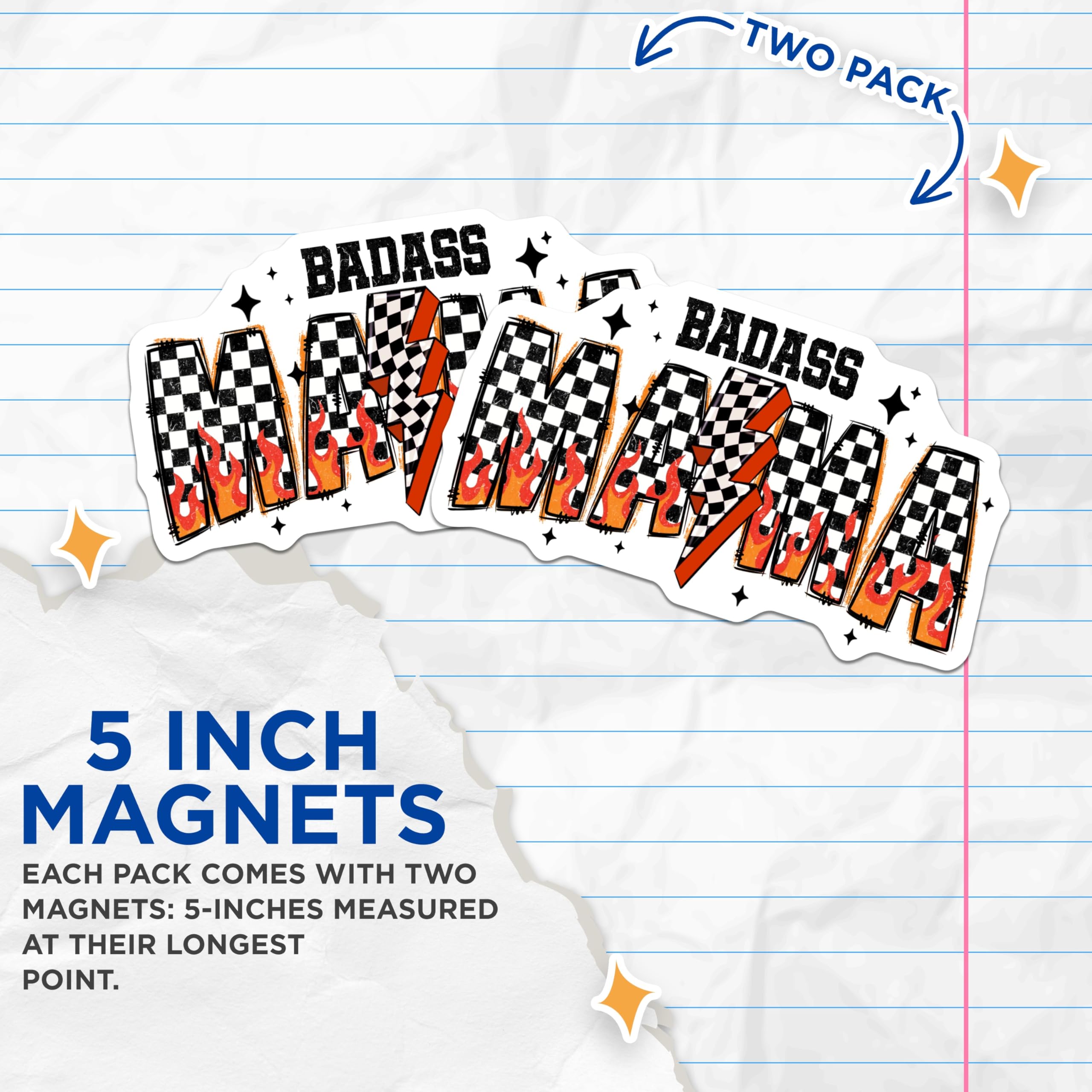 (2 Pack) Badass Mamma Magnets - Edgy Mom Refrigerator Decor - Checkerboard Flames Lightning Bolt - 5 Inches On Longest Side - Thick Durable Magnet - Made in USA - MAG25574
