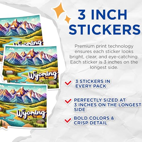 (3 Pack) Wyoming Landscape Decals - State Pride Decal - Mountain River Decals - 3 Inches On Longest Side - Easy Peel & Apply - Made in USA - 3MCS0170