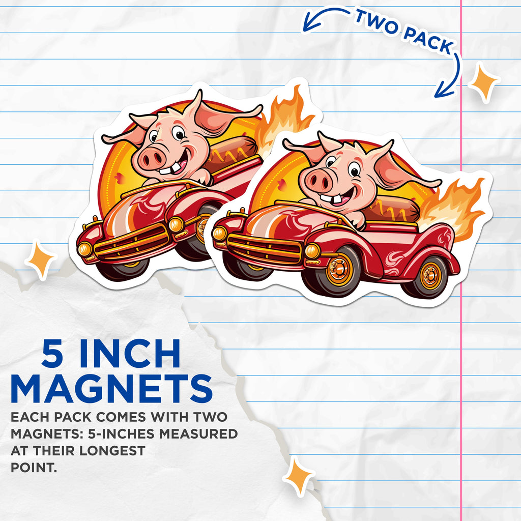(2 Pack) Funny Pig Driving Hot Rod Magnets - BBQ Grill Master Fridge Decor - Hot Dog Car Kitchen Accessory - 5 Inches On Longest Side - Thick Durable Magnet - Made in USA - MAG38691