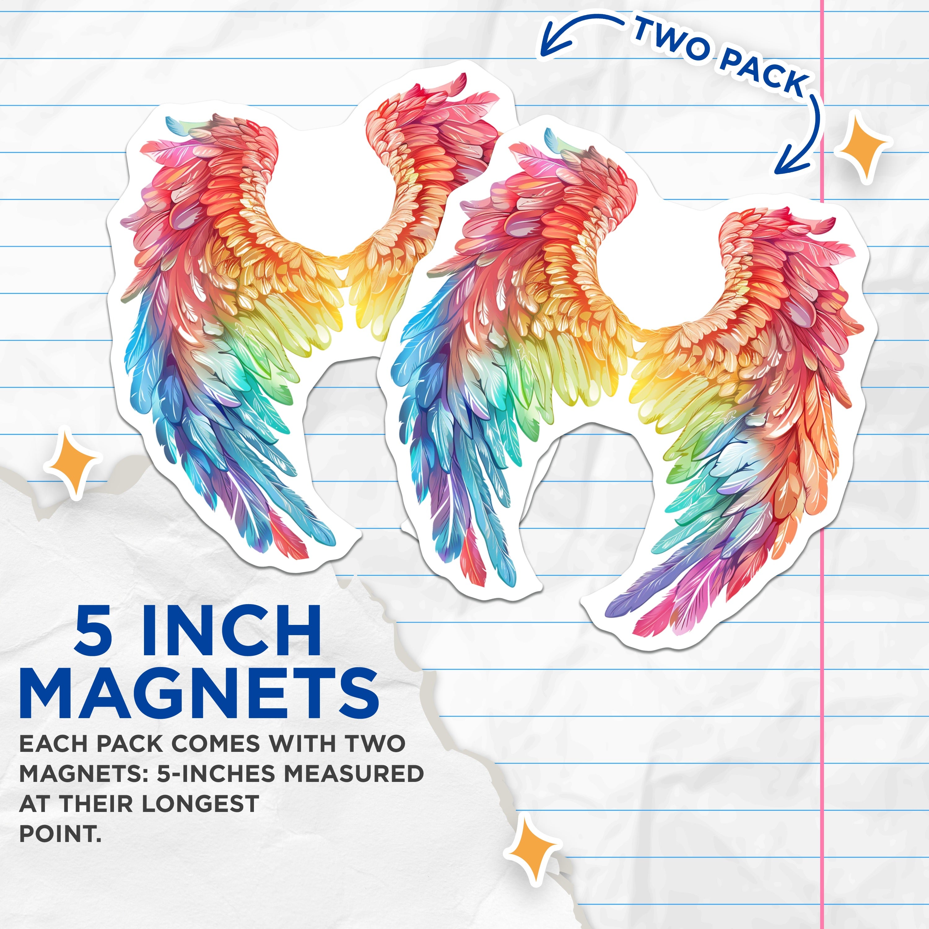 (2 Pack) Rainbow Angel Wings Magnets - Vibrant Feathered Angelic Decor - Spiritual Fantasy Refrigerator Home - 5 Inches On Longest Side - Thick Durable Magnet - Made in USA - MAG39560