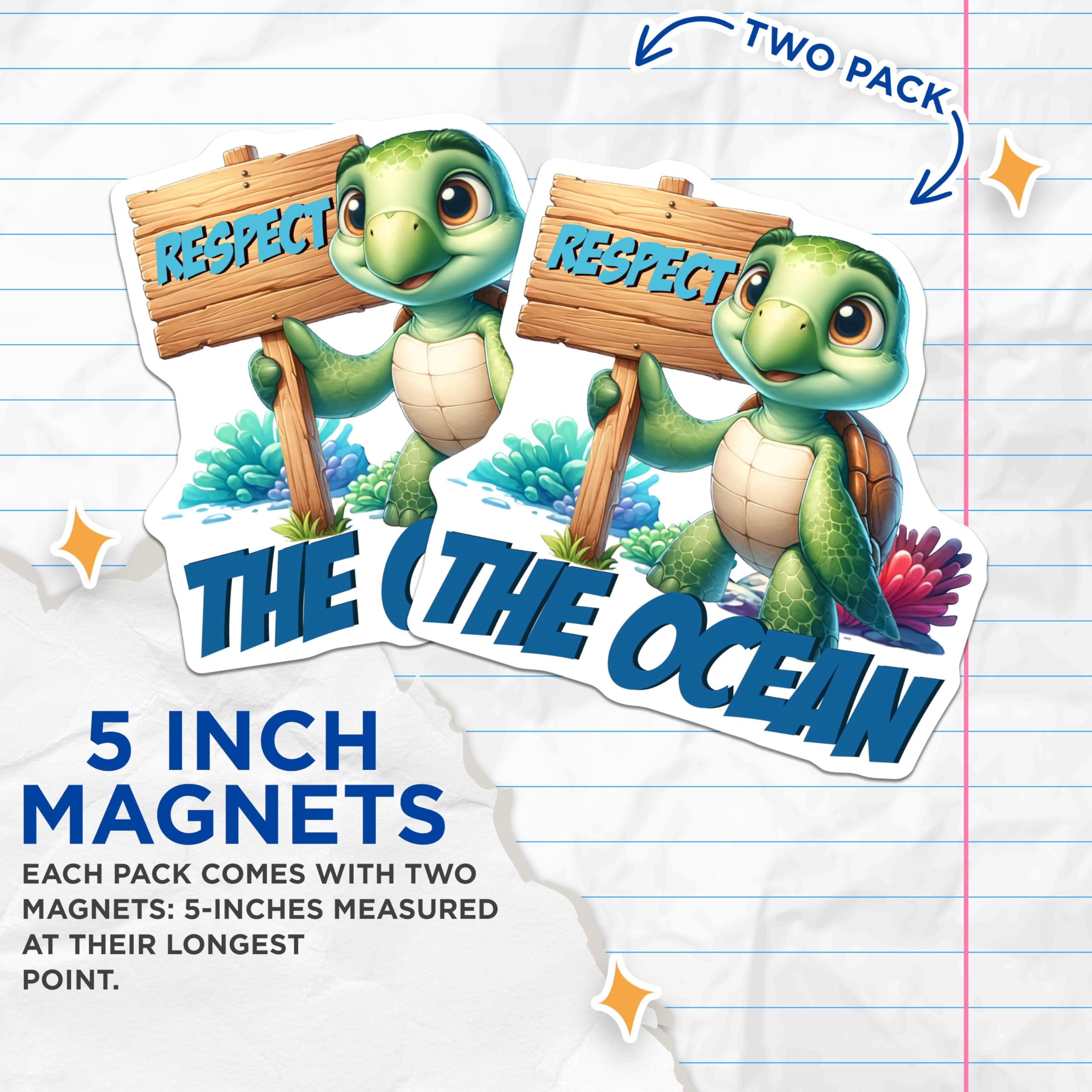 (2 Pack) Respect The Ocean Magnets - Cute Turtle Save The Sea - 5" On Longest Side - for Cars, Fridges, Toolboxes - Made in USA - MAG7957