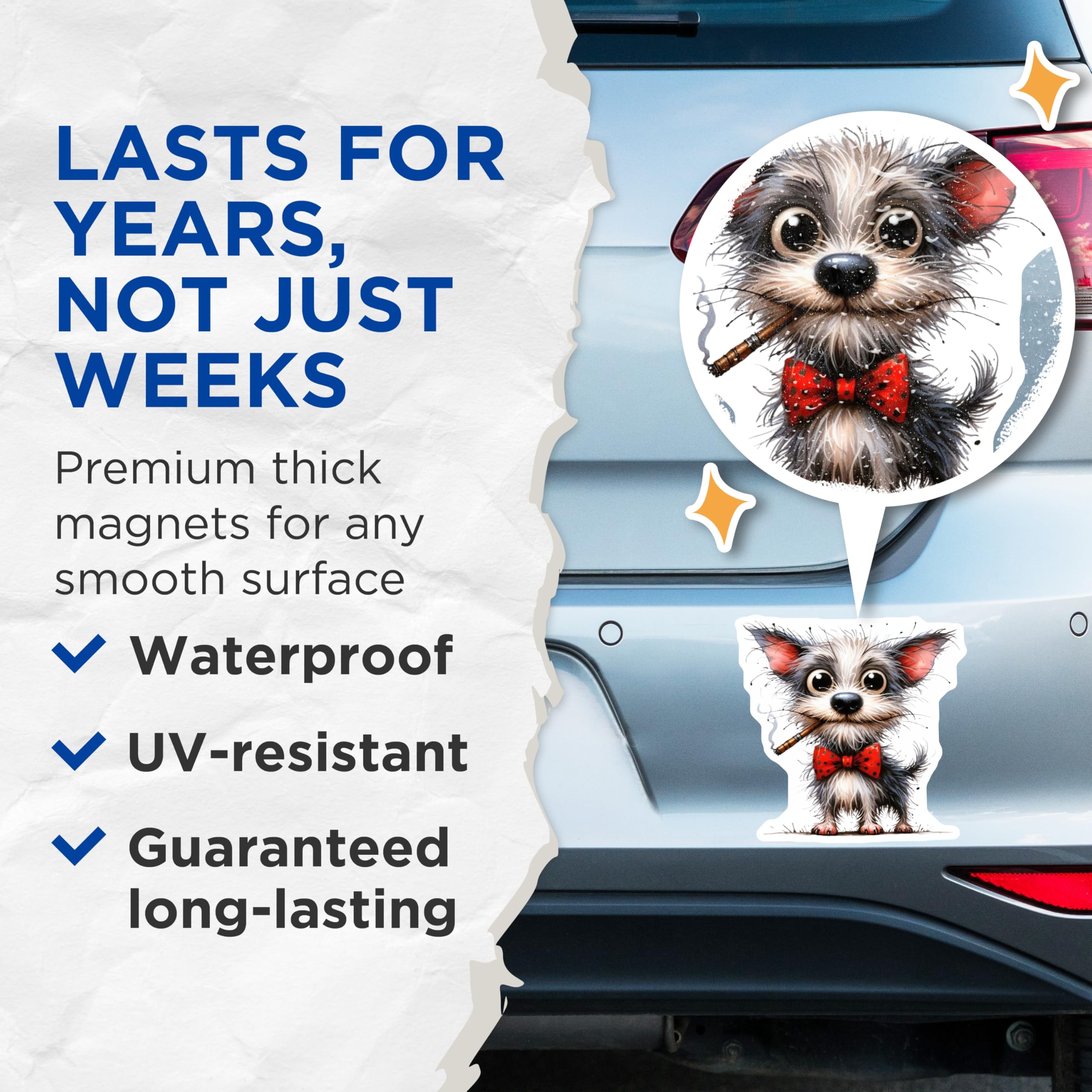 (2 Pack) Funny Dog Magnets - Big Eyed Terrier Bowtie - Whimsical Cigar Dog Art - 5 Inches On Longest Side - Thick Durable Magnet - Made in USA - MAG26085