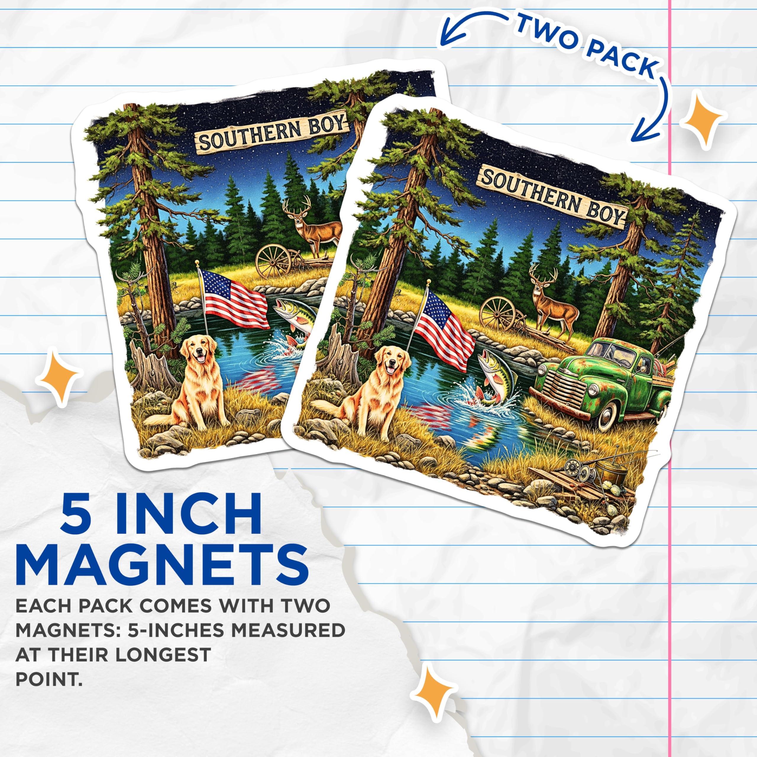(2 Pack) Southern Boy Magnets - Southern Living Design - American Flag Old Truck Dog Deer Scene - 5 Inches On Longest Side - Thick Durable Magnet - Made in USA - MAG22504