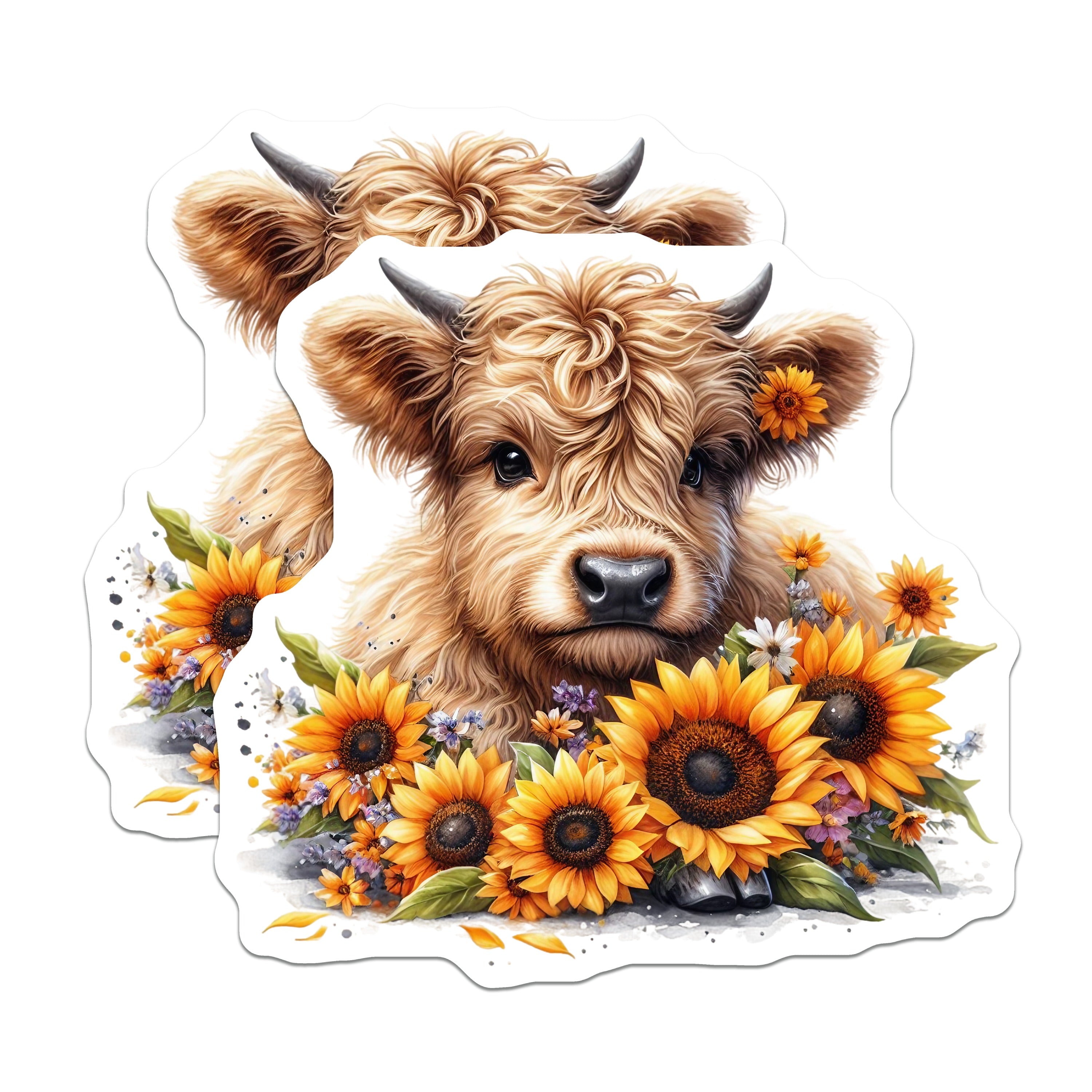 (2 Pack) Highland Cow Magnets - Cute Baby Calf Decor - Sunflower Farmhouse Fridge Accent - Rustic Country Kitchen - 5 Inches On Longest Side - Thick Durable Magnet - Made in USA - MAG37864