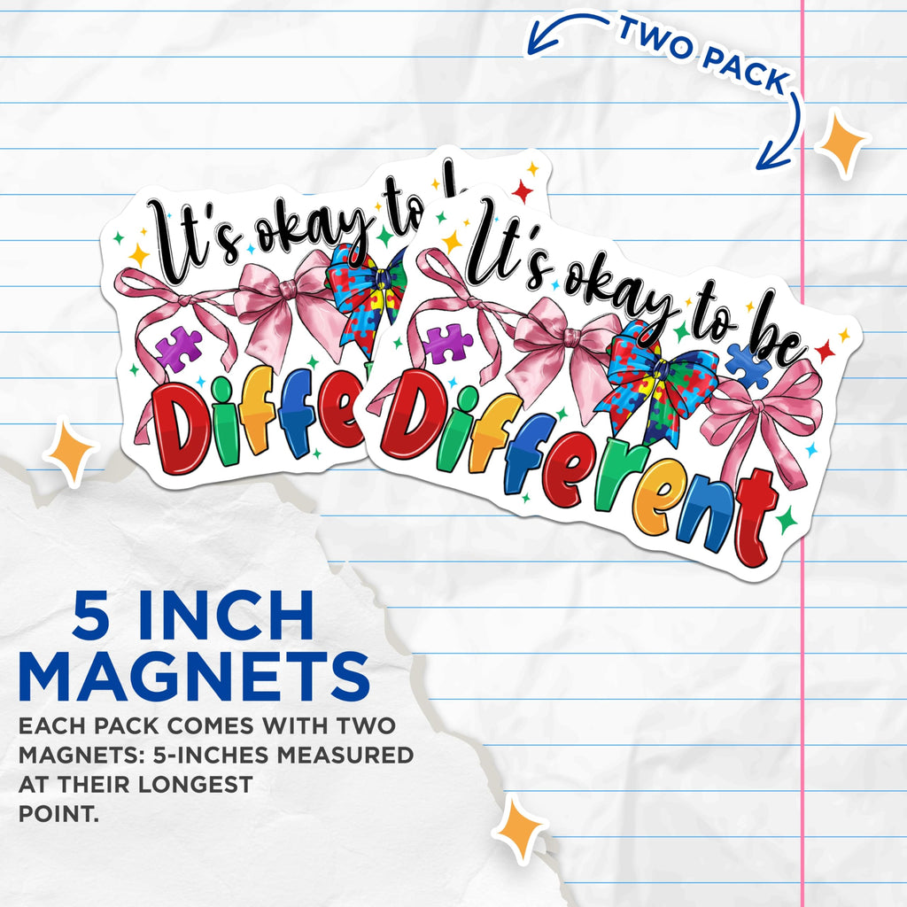 (2 Pack) Autism Acceptance Magnets - It's Okay to Be Different Design - Neurodiversity Puzzle Bow - 5 Inches On Longest Side - Thick Durable Magnet - Made in USA - MAG24514