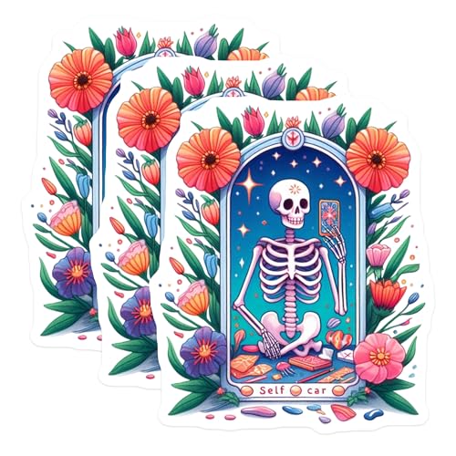 (3 Pack) Self Care Skeleton Decals - Floral Skeleton - Wellness Decals - 3 Inches On Longest Side - Easy Peel & Apply - Made in USA - 3MCS8169