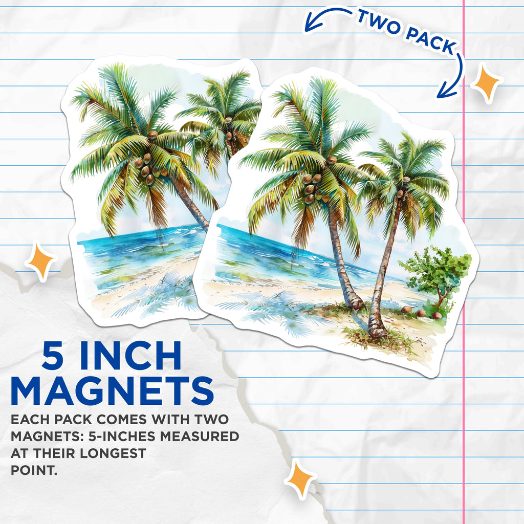 (2 Pack) Tropical Beach Magnets - Palm Tree Decor - Coastal Kitchen Art - Vacation Island Scene - Summer Refrigerator Accessory - 5" - Thick Durable Magnet - Made in USA - MAG39082