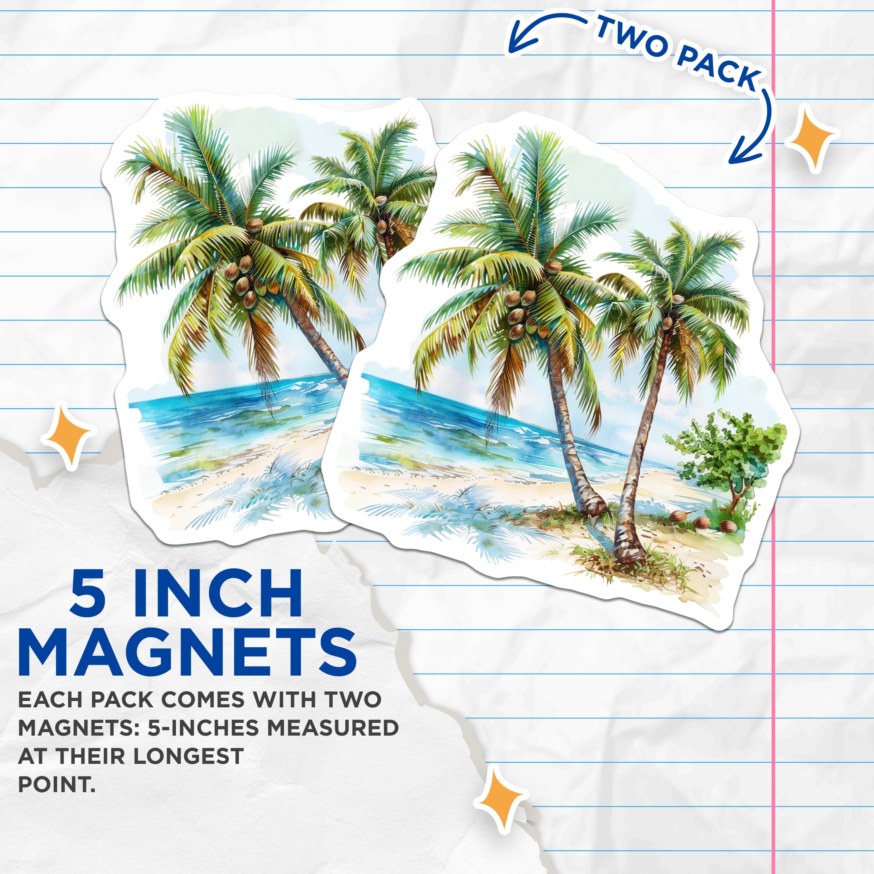 (2 Pack) Tropical Beach Magnets - Palm Tree Decor - Coastal Kitchen Art - Vacation Island Scene - Summer Refrigerator Accessory - 5" - Thick Durable Magnet - Made in USA - MAG39082