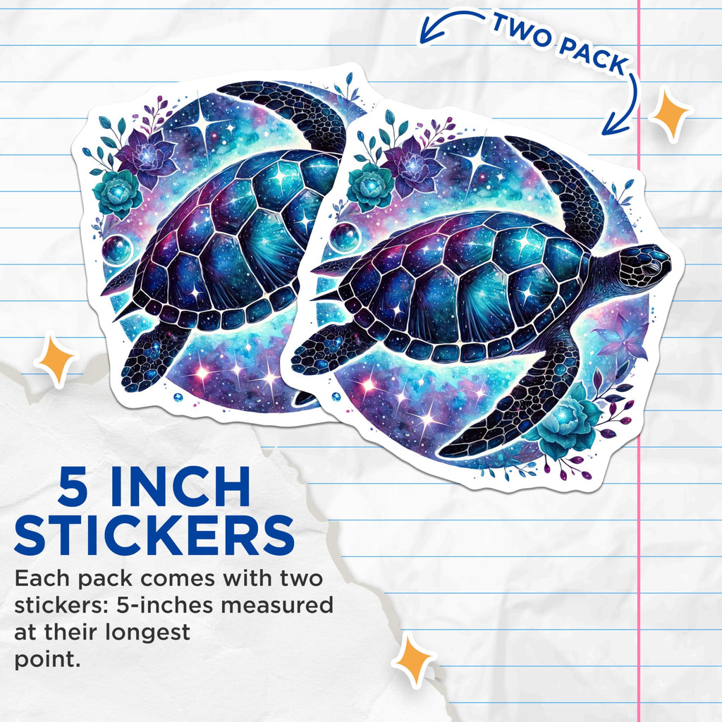 (2 Pack) Sea Turtle Stickers - Galaxy Turtle Decal - Space Themed Animal Stickers - 5" On Longest Side - Sticks to Smooth Flat Surfaces - Made in USA - BMCS4501