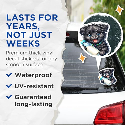 (2 Pack) Cute Puppy Bottle Stickers - Adorable Dog Design - Funny Pet Decal - 5" On Longest Side - Sticks to Smooth Flat Surfaces - Made in USA - BMCS9594