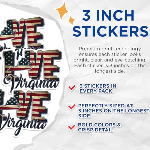 (3 Pack) Virginia Love Decals - USA Flag - State Pride Stickers - 3 Inches On Longest Side - Easy Peel & Apply - Made in USA - 3MCS0337