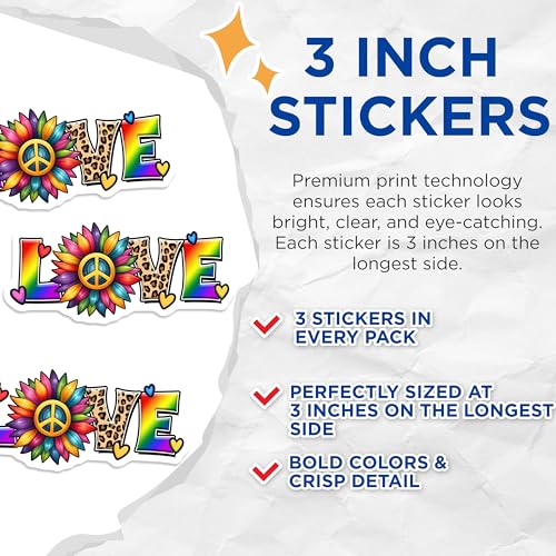 (3 Pack) Love Peace Sunflower Decals - Leopard Print - Rainbow Letters - 3 Inches On Longest Side - Easy Peel & Apply - Made in USA - 3MCS7024
