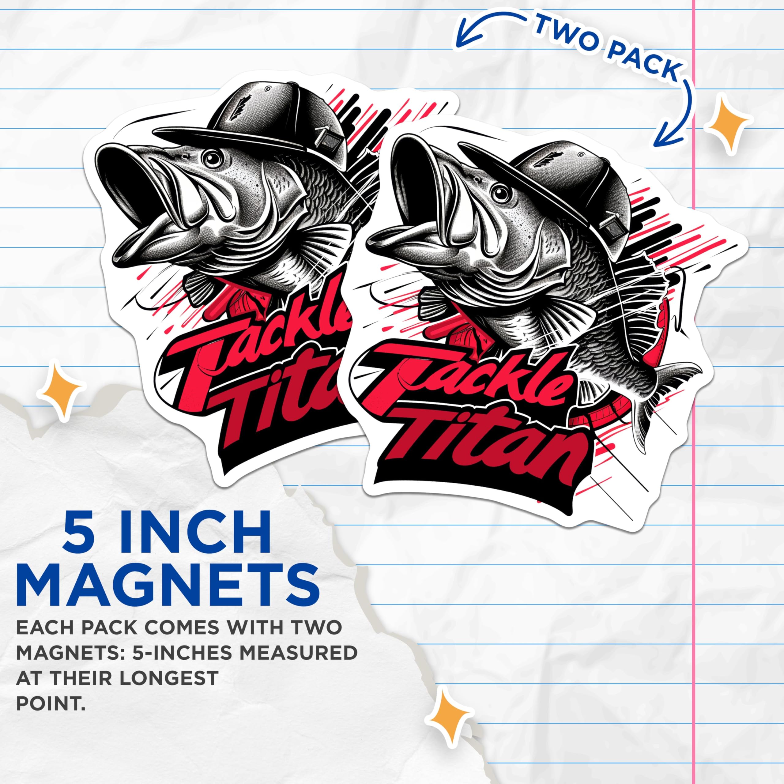 (2 Pack) Fishing Enthusiast Magnets - Tackle Titan Magnets - Fish Art Magnets for Anglers - 5" On Longest Side - for Cars, Refrigerators, Toolboxes, Lockers - Made in USA MAG3579