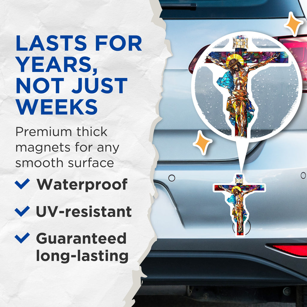 (2 Pack) Stained Glass Christ Magnets - Crucifixion Art - Religious Decor - Christian Faith - 5 Inches On Longest Side - Thick Durable Magnet - Made in USA - MAG37378