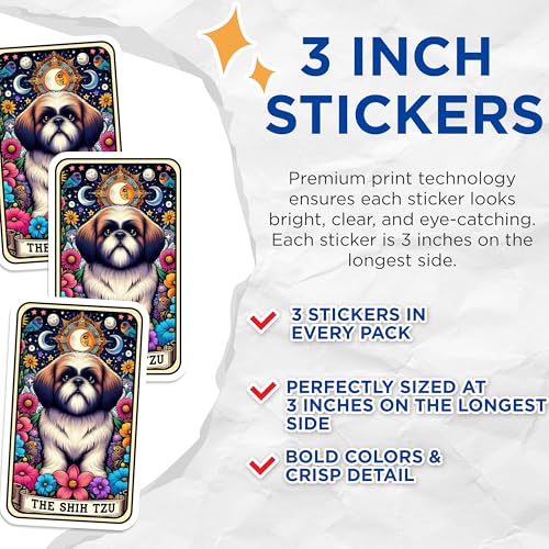 (3 Pack) Shih Tzu Decals - Tarot Card Sticker - Bohemian Laptop Decal - 3 Inches On Longest Side - Easy Peel & Apply - Made in USA - 3MCS4074