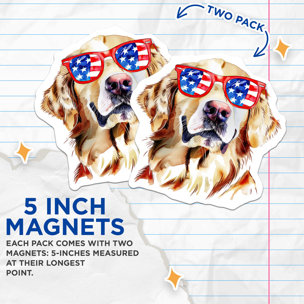 (2 Pack) Golden Retriever Magnets - Patriotic Dog - American Flag Shades - USA Dog Art - Summer Fridge Decor - 5 Inches On Longest Side - Thick Durable Magnet - Made in USA - MAG38424