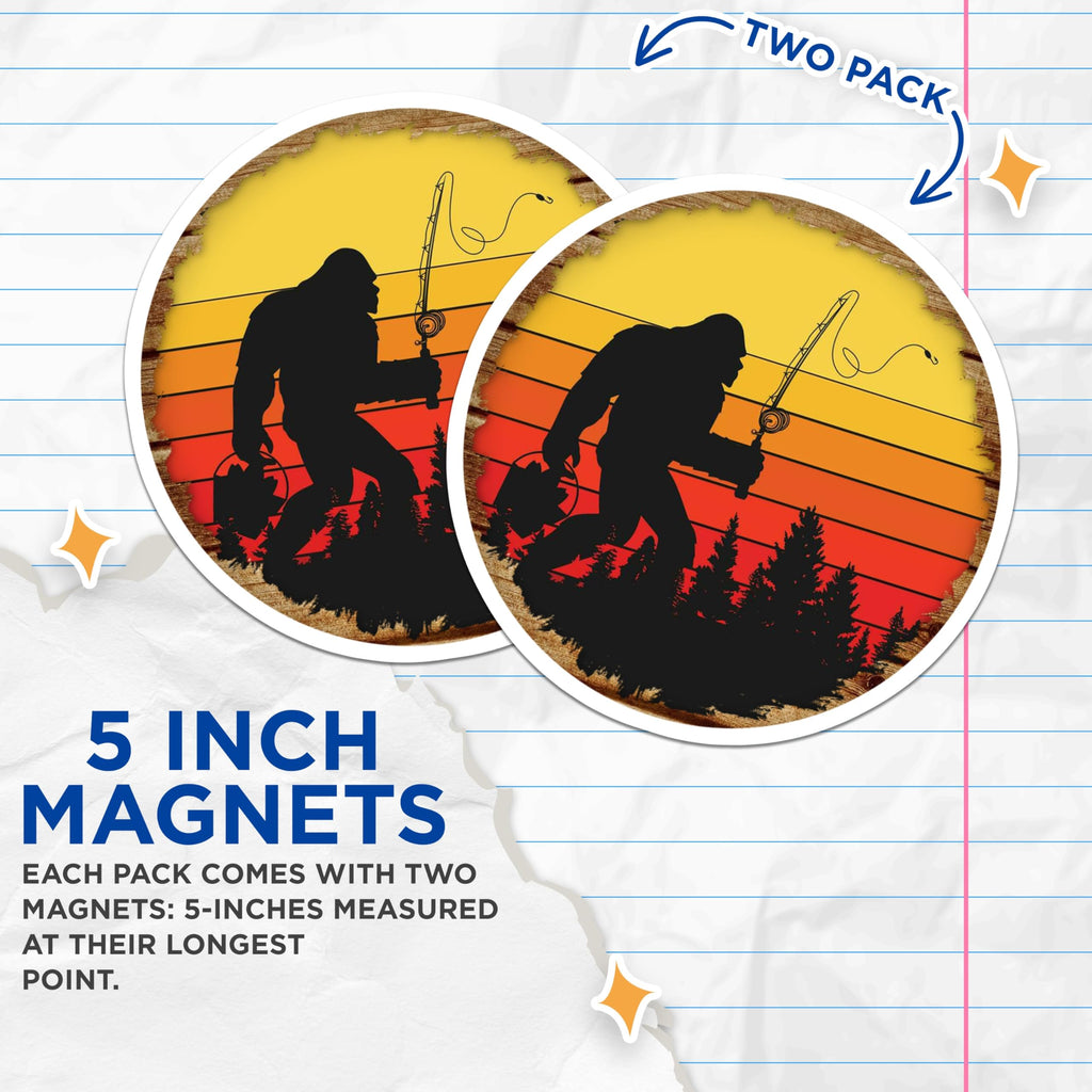 (2 Pack) Bigfoot Fishing Magnets - Sasquatch Angler Decor - Retro Sunset Outdoor Fridge Accessory - 5 Inches On Longest Side - Thick Durable Magnet - Made in USA - MAG25845