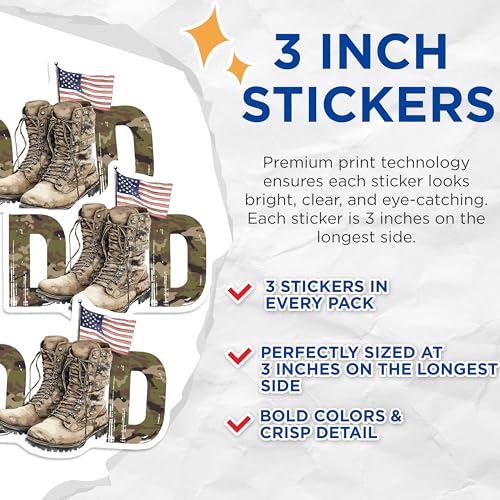 (3 Pack) Military Dad Decals - Camouflage Boots - American Flag Decal - 3 Inches On Longest Side - Easy Peel & Apply - Made in USA - 3MCS7766