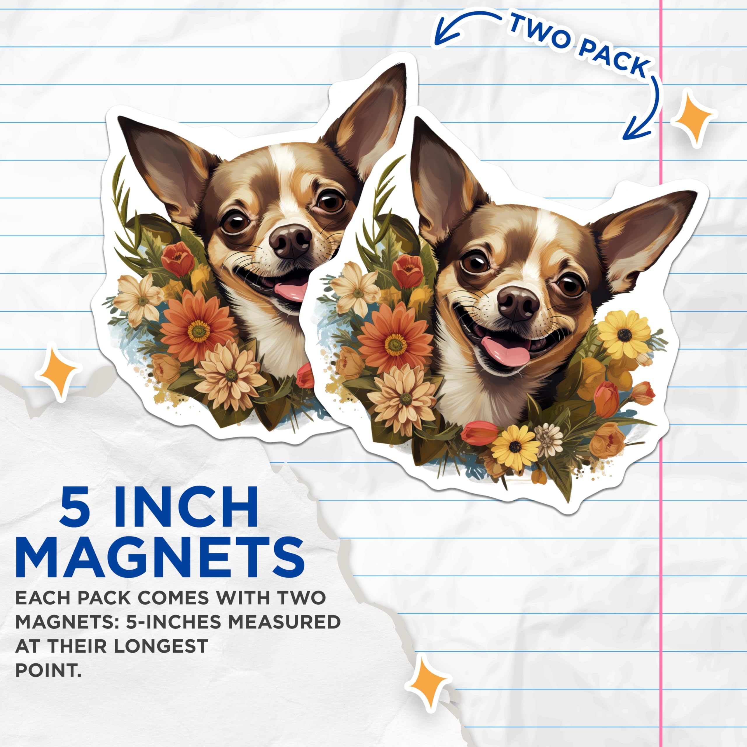 (2 Pack) Happy Chihuahua Magnets - Floral Dog Lover Decor - Pet Mom Fridge - Cute Animal - Spring Decor - 5 Inches On Longest Side - Thick Durable Magnet - Made in USA - MAG26377