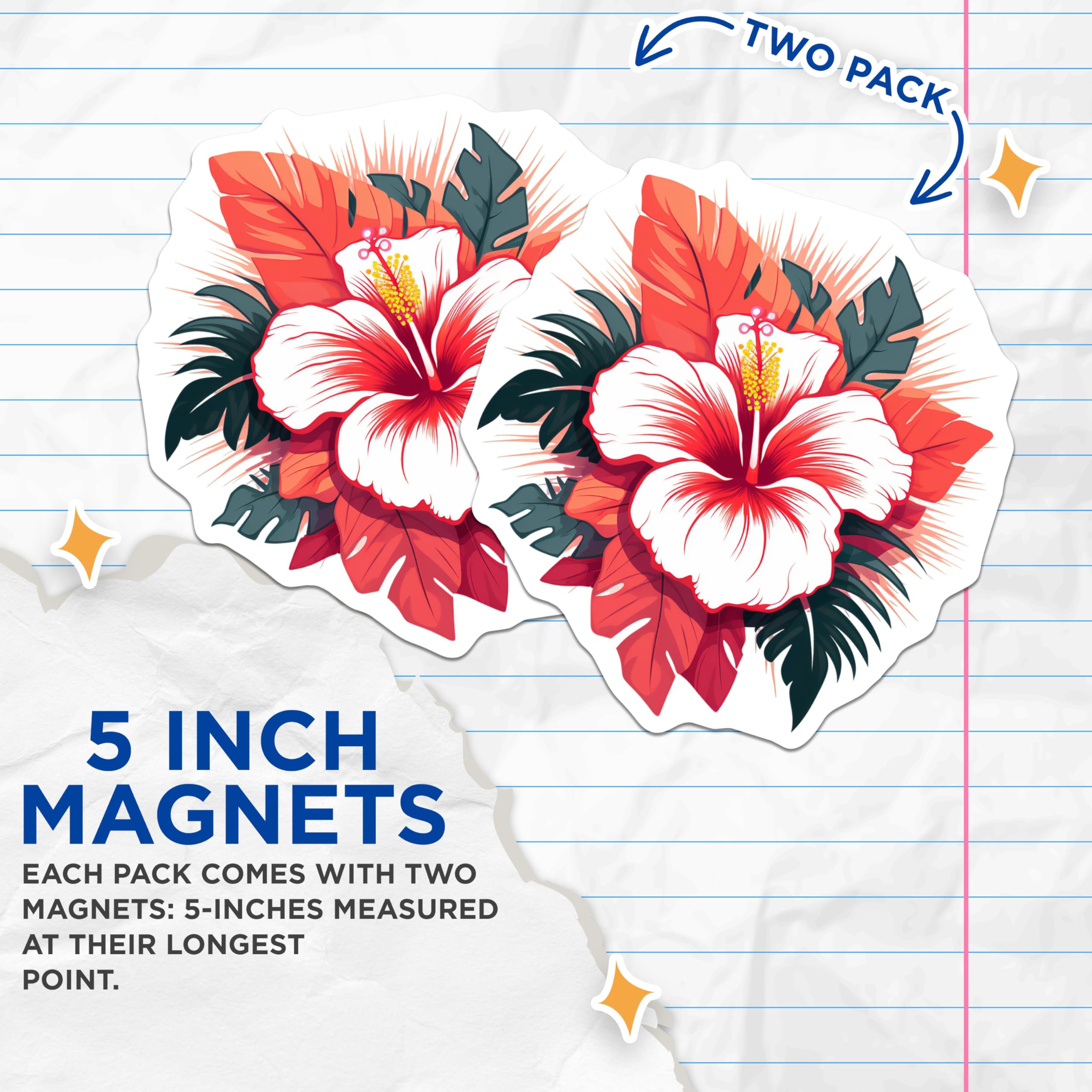 (2 Pack) Hibiscus Flower Magnets - Tropical Floral Decor - Vibrant Hawaiian Bloom - 5 Inches On Longest Side - Thick Durable Magnet - Made in USA - MAG20130