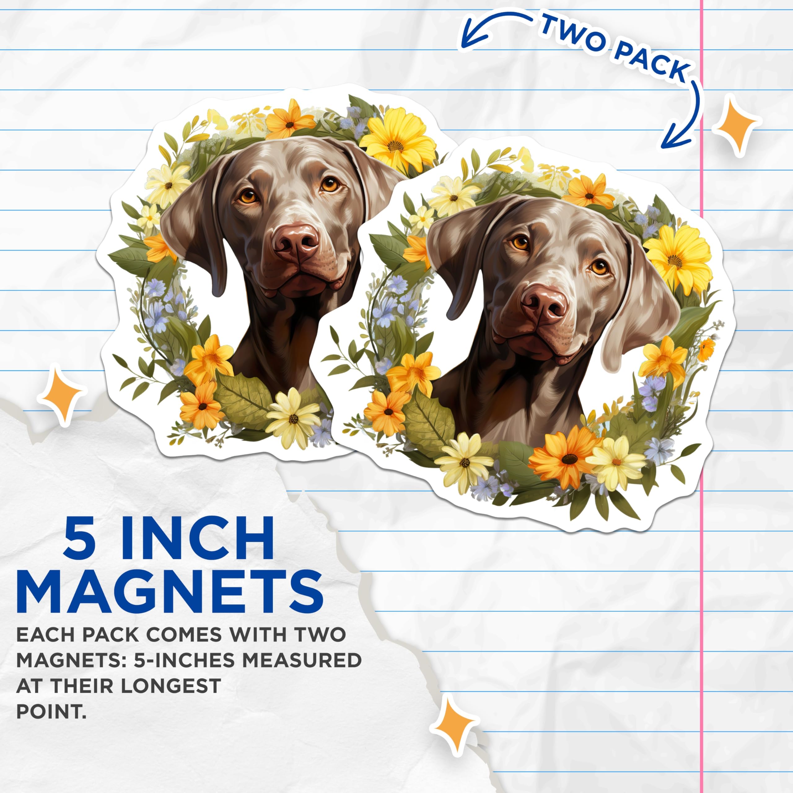 (2 Pack) Weimaraner Dog Magnets - Floral Pet Art - Canine Home Decor - Dog Breed Collectibles - Animal Lovers Display - 5 Inches On Longest Side - Thick Durable Magnet - Made in USA - MAG23405