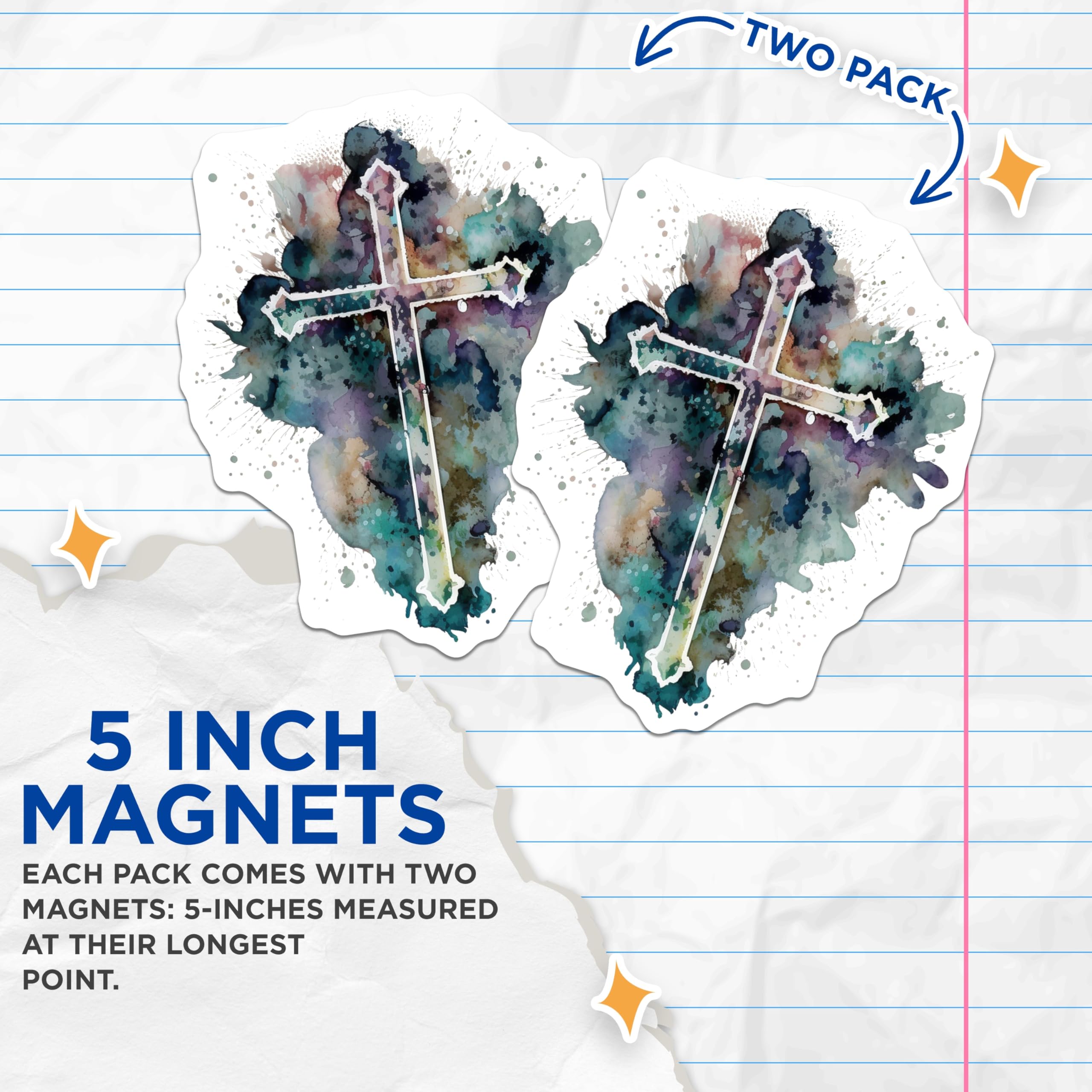 (2 Pack) Watercolor Cross Magnets - Christian Faith Decor - Religious Art Home Accent - 5 Inches On Longest Side - Thick Durable Magnet - Made in USA - MAG20074