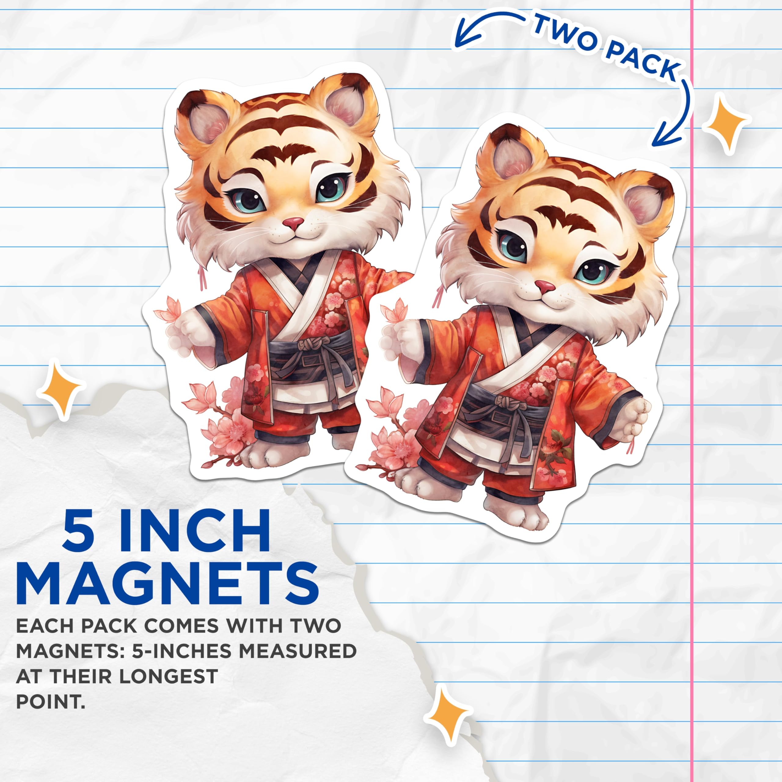 (2 Pack) Tiger Magnets - Cute Animal Magnets - Fridge Decor Magnets - 5" On Longest Side - Premium Magnet - for Cars, Refrigerators, Toolboxes, Lockers - Made in USA - MAG16842