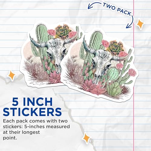 (2 Pack) Skull Cactus Stickers - Western Desert Theme - Succulent Plant Stickers - 5" On Longest Side - Sticks to Smooth Flat Surfaces - Made in USA - BMCS6323